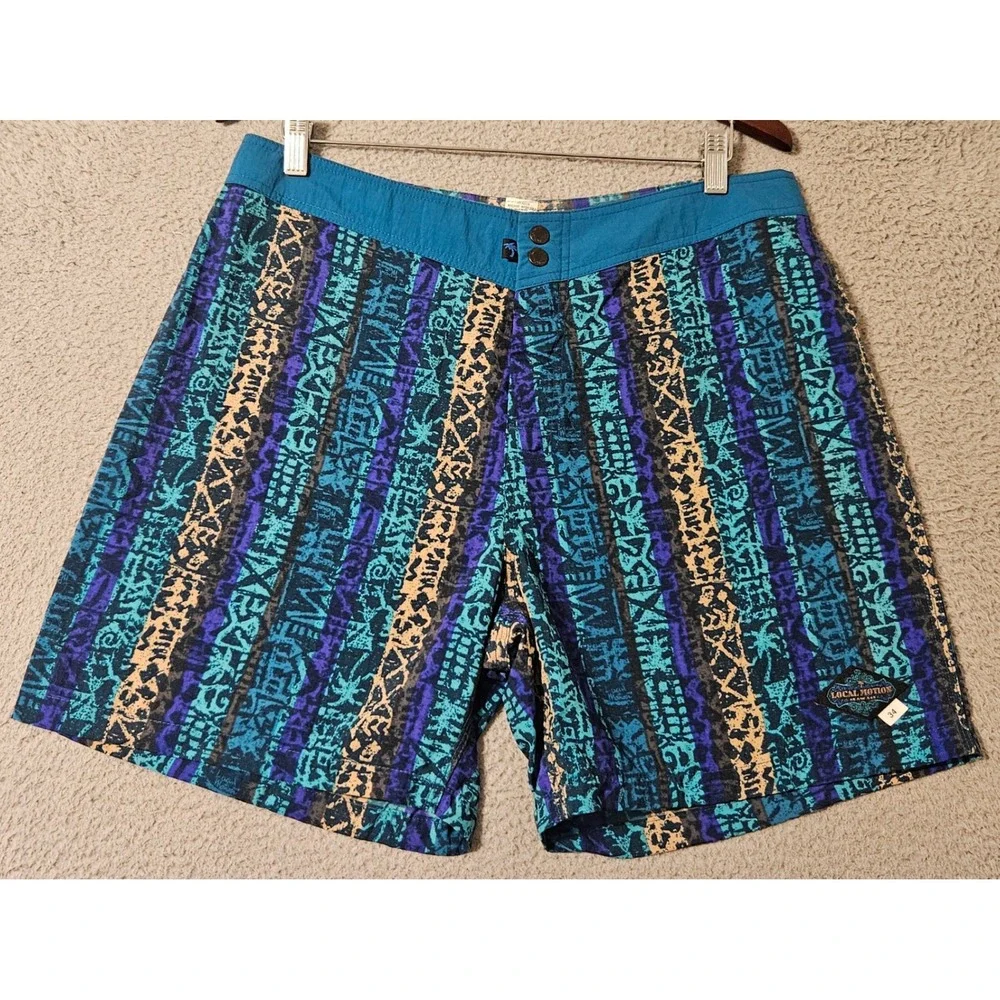 Vintage Local Motion Hawaii Board Shorts Mens Sz 34 Tribal Surf Trunks Nylon 90s
